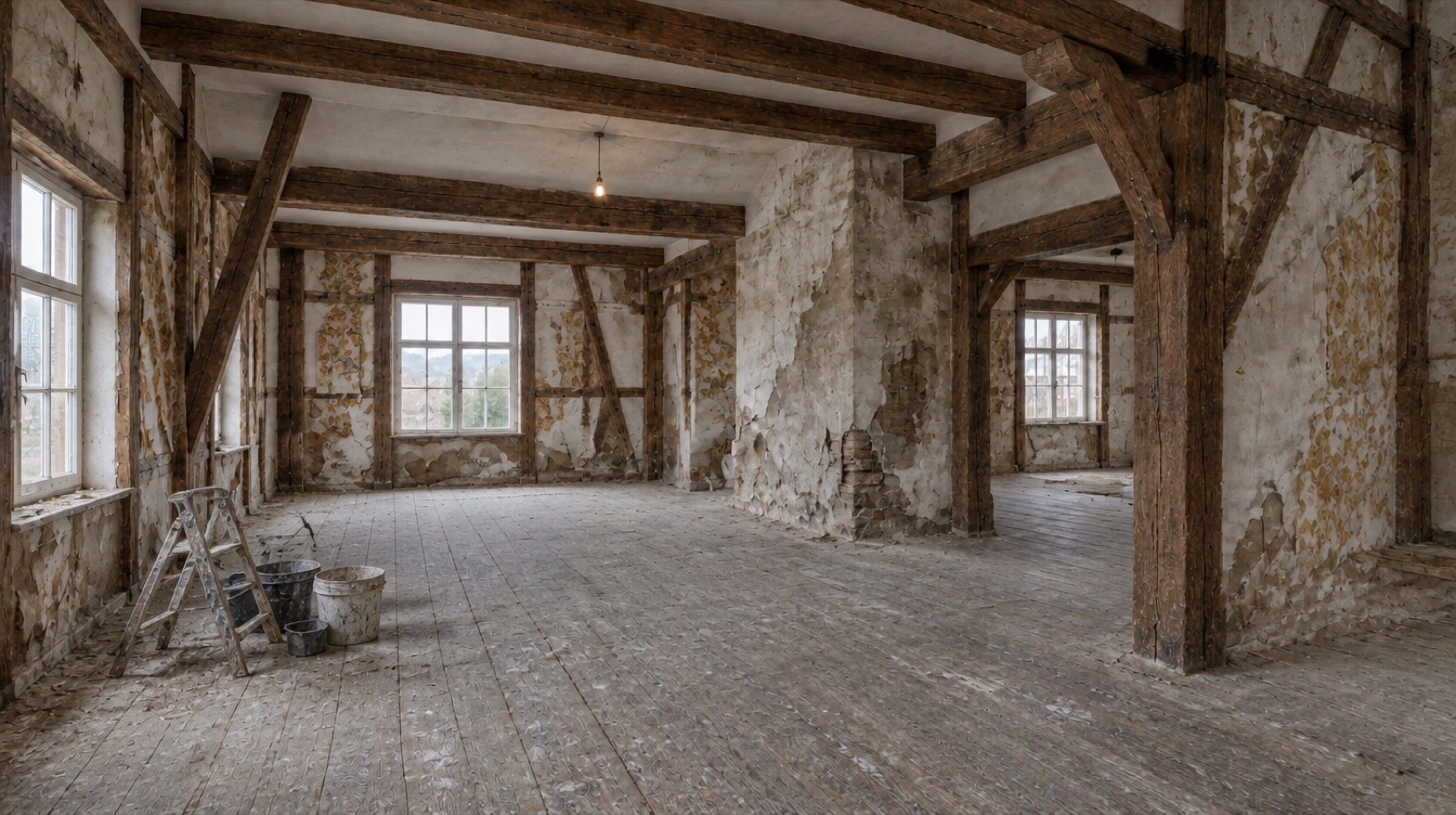 Fachwerkraum vor der Sanierung: bröckelnder Putz, alte Dielen, Baustelle